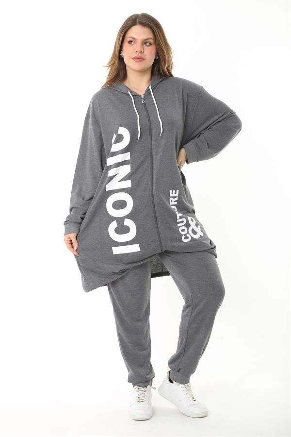 Kadın Büyük Beden Gri Baskı Ve Fermuar Detaylı Kapşonlu Sweatshirt Pantolon Takım 65N37128
