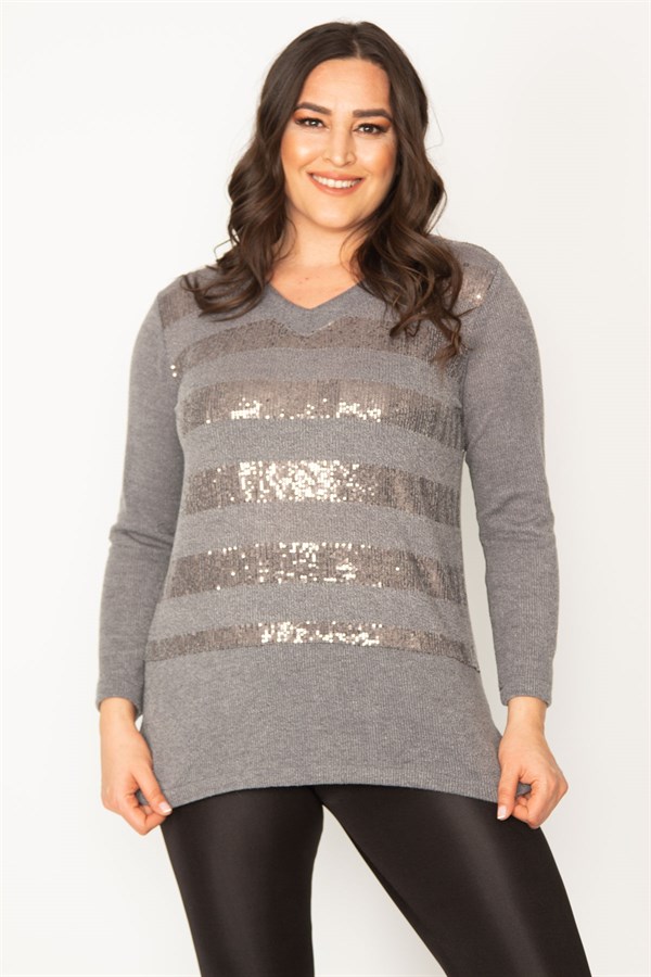 Kadın Gri Pul Payet Detaylı V Yaka Bluz 65N30407
