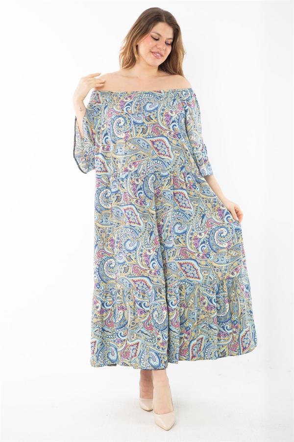 Kadın Büyük Beden Renkli Yaka Lastikli Dokuma Viskon Kumaş Katlı Elbise 65N37349