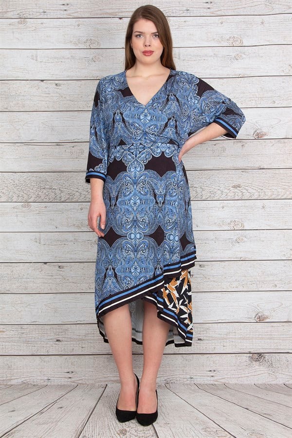 Kadın Mavi Anvelop Yakalı Desenli Uzun Elbise 65N23192