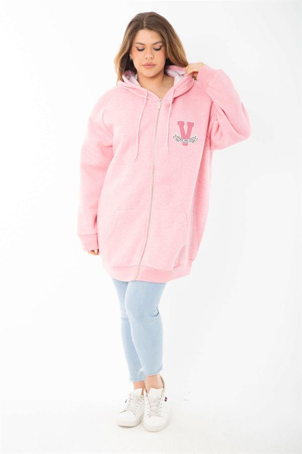 Kadın Büyük Beden Mavi İçi Şardonlu Ön Fermuar Ve Kapşonlu Sweatshirt 65N37405