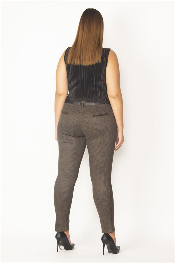 Kadın Haki Ekose Desenli Kemer Aksesuarlı Pantolon 65N28637
