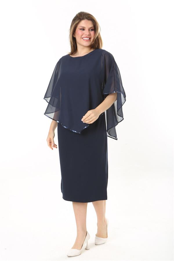 Kadın Büyük Beden Lacivert Şifon Pelerinli Elbise 65N37910