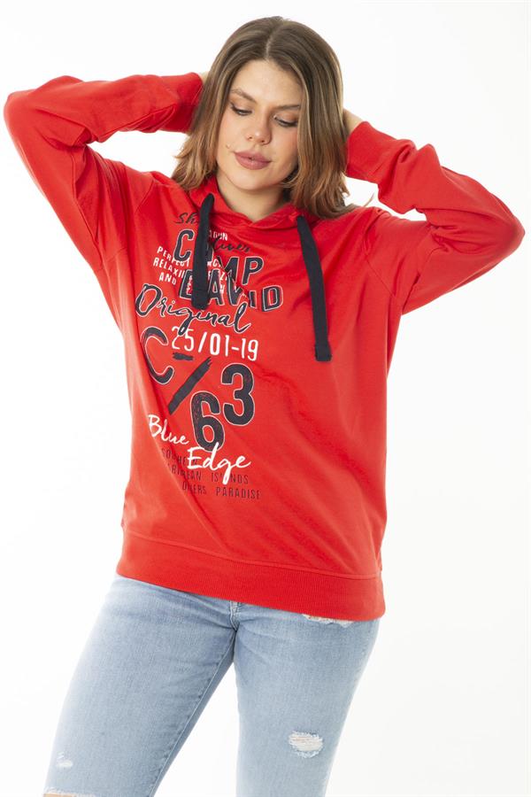 Women's Plus Size Red Double-Thread Front Printed Hooded Sweatshirt 65N37161