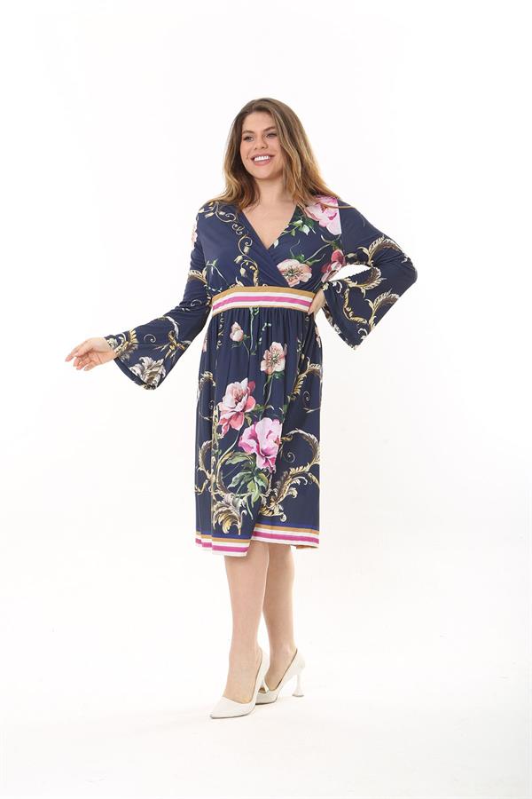 Kadın Büyük Beden Lacivert Anvelop Yakalı Bel Büzgülü Uzun Elbise 65N37550