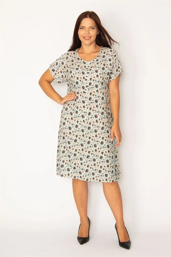 Kadın Gri Ön Yarım Pat Düğmeli Beli Kuşaklı Dokuma Viskon Kumaş Elbise 65N34325