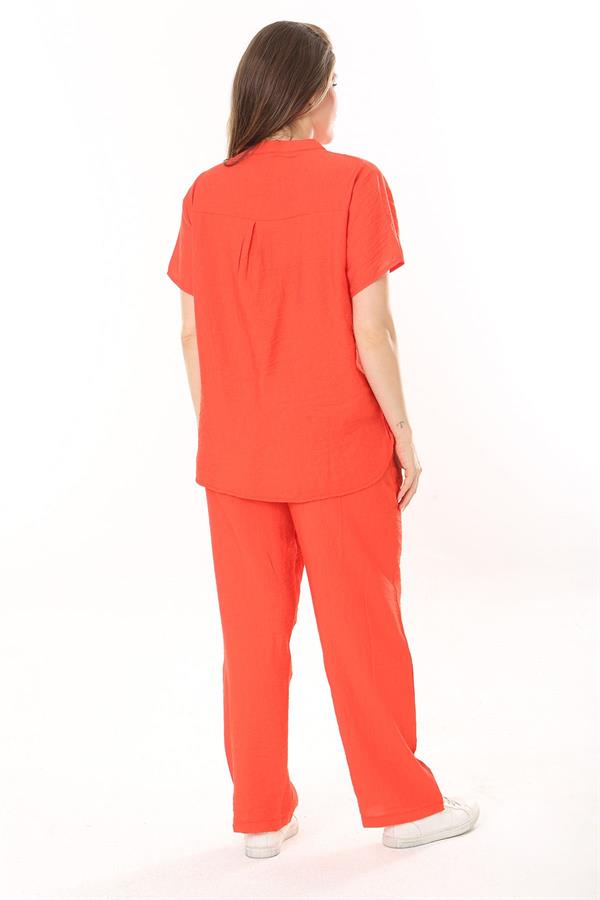 Kadın Büyük Beden Nar Ön Pat Düğmeli Tunik Ve Pantolon İkili Takım 65N37879