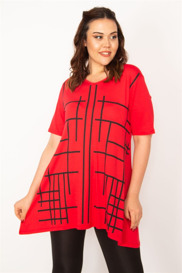 Kadın Kırmızı V Yaka Ön Baskılı Tunik 65N33343