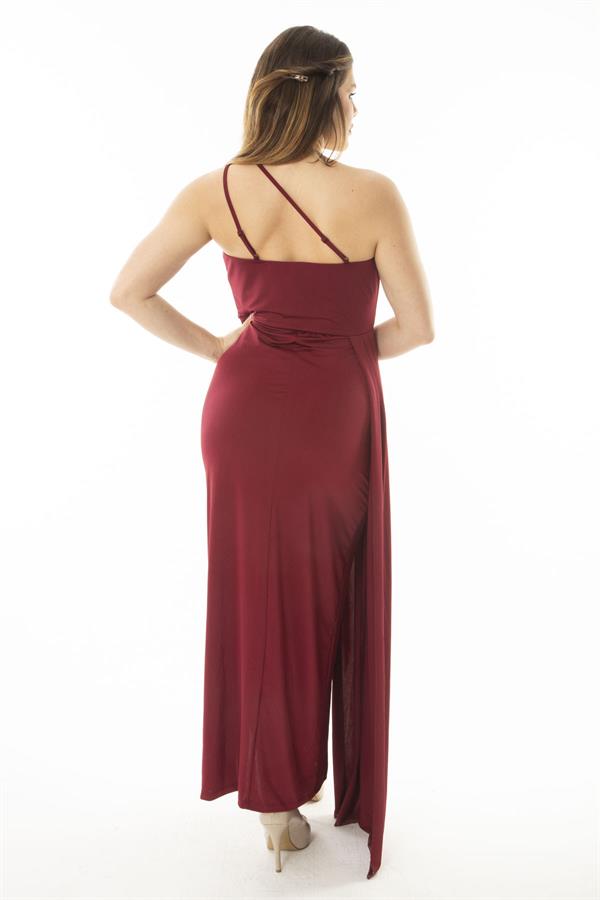 Kadın Büyük Beden Bordo Tek Omuzlu Abiye Elbise 65N37066
