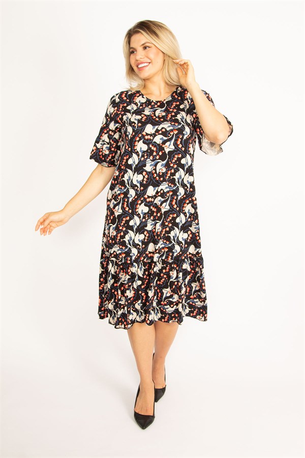 Kadın Renkli Volan Kollu Etek Ucu Katlı Elbise 65N34446