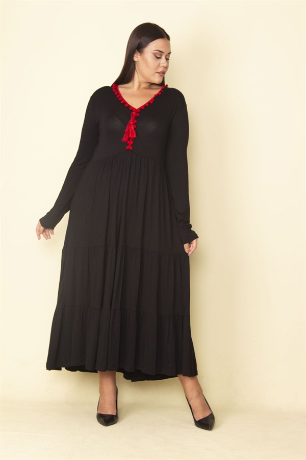 Kadın Kırmızı Yaka Detaylı Belden Büzgülü Katlı Uzun Elbise 65N28082