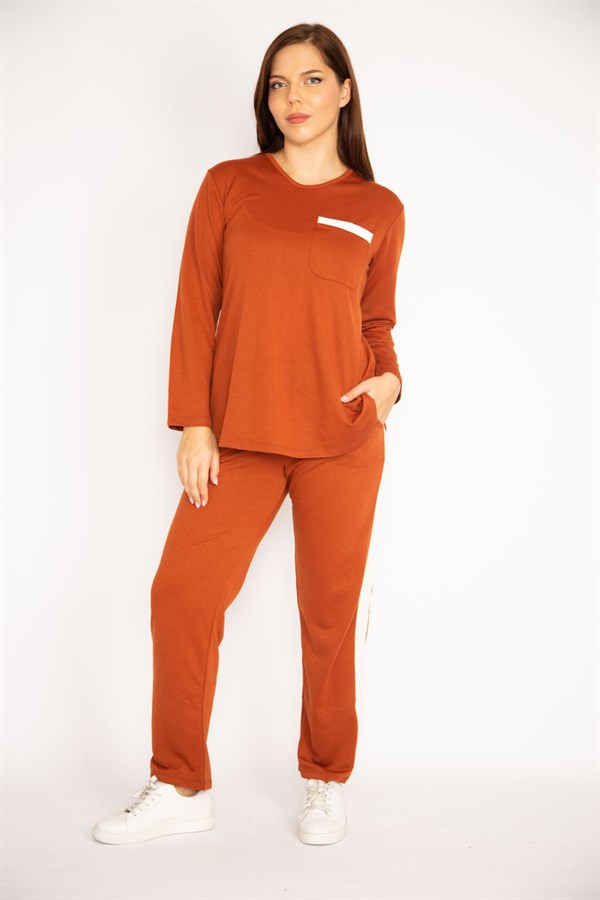 Kadın Camel V Yakallı Bluz Pantolon Takım 65N34658