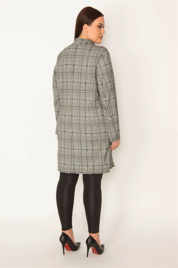 KADIN GRİ EKOSE DESENLİ ASTARSIZ ÖN DÜĞMELİ CEPLİ UZUN CEKET