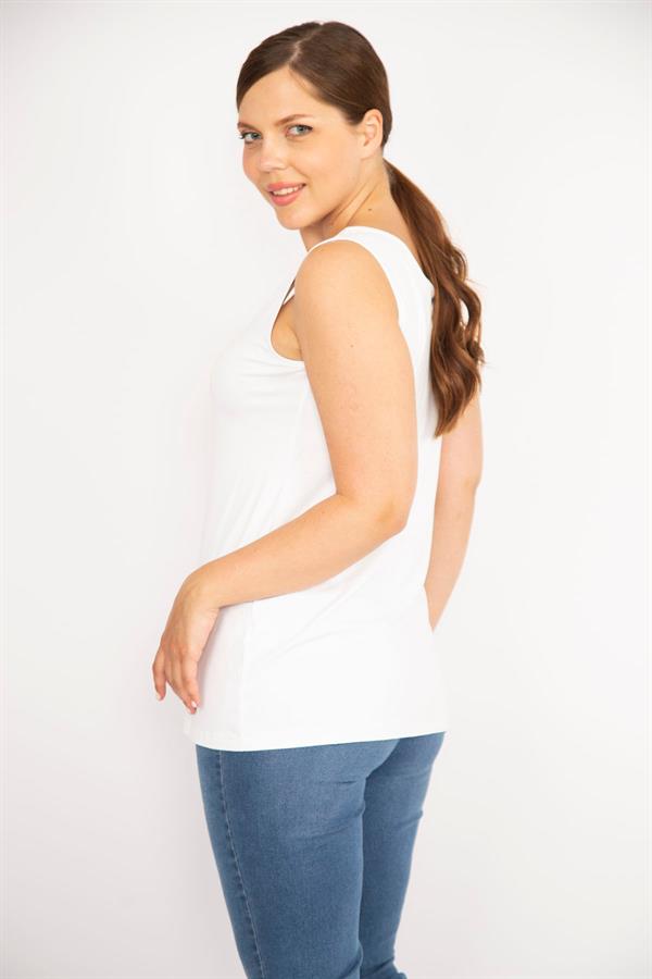 Kadın Büyük Beden Kemik Bisiklet Yakalı Kolsuz Bluz 65N37273