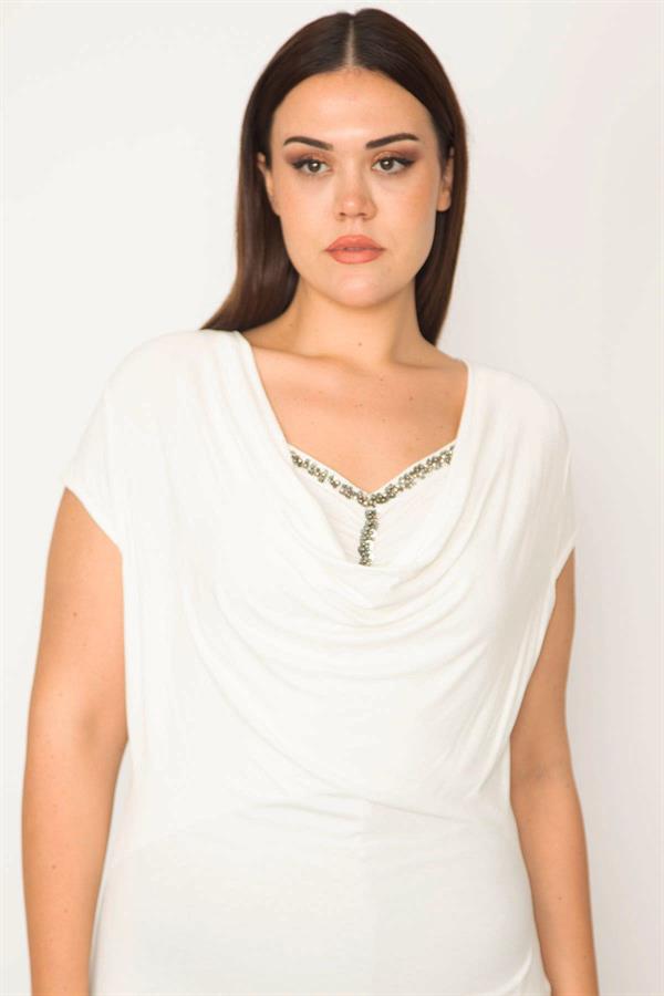 Kadın Büyük Beden Kemik Taş Detaylı Düşük Yakalı Bluz 65N37662