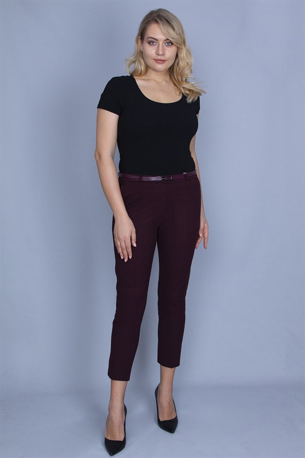 Kadın Bordo Arka Süs Flota Ve Yan Cepli Kemer Aksesuarlı Kumaş Pantolon 65N24040