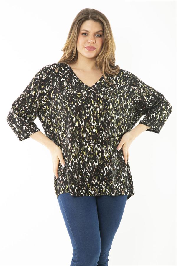 Kadın Büyük Beden Kahve Yaka Pileli Kapri Kollu Bluz 65N37147