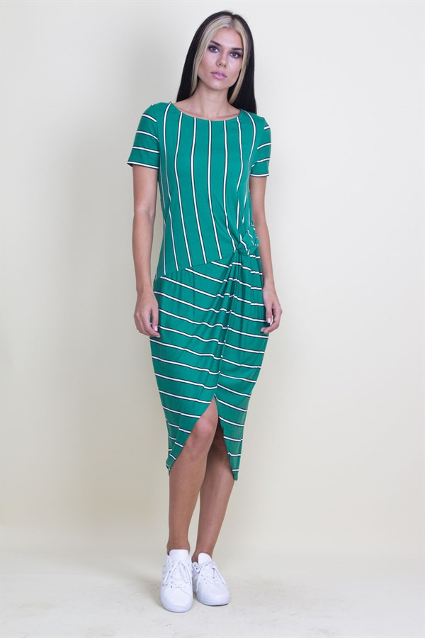 ÇİZGİ KOMBİNLİ BEL DETAYLI ETEK KISMI ANVELOP KESİM ELBİSE