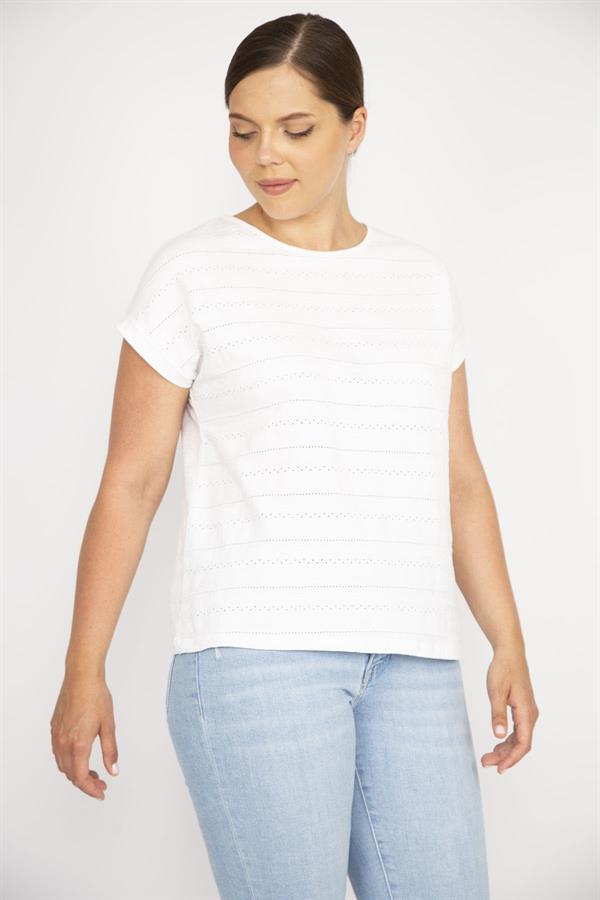 Kadın Pembe Büyük Beden Pamuk Kumaş Kendinden Desenli Düşük Kol Bluz