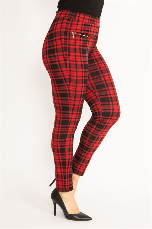 Kadın Kırmızı Ekose Desenli Süs Fermuar Cepli Tayt 65N34640