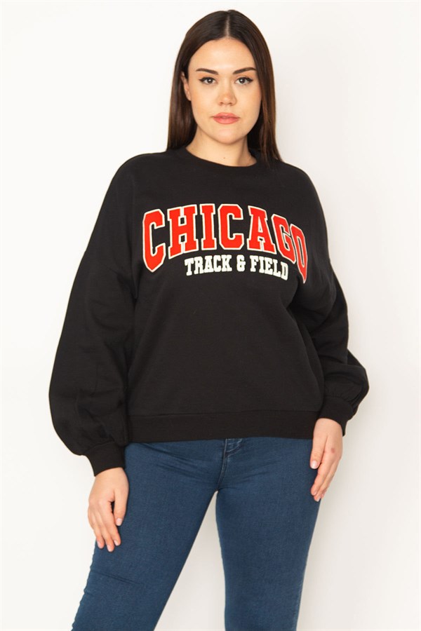 Kadın Siyah Nakış Detaylı Ribanalı Sweatshirt 65N31390