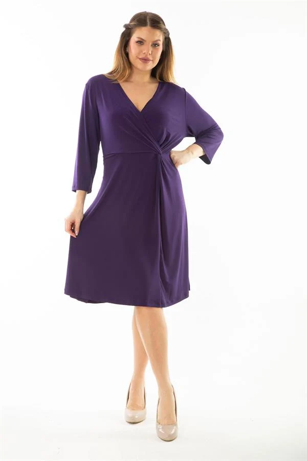 Kadın Büyük Beden Mor Anvelop Yakalı Kapri Kollu Elbise 65N37067