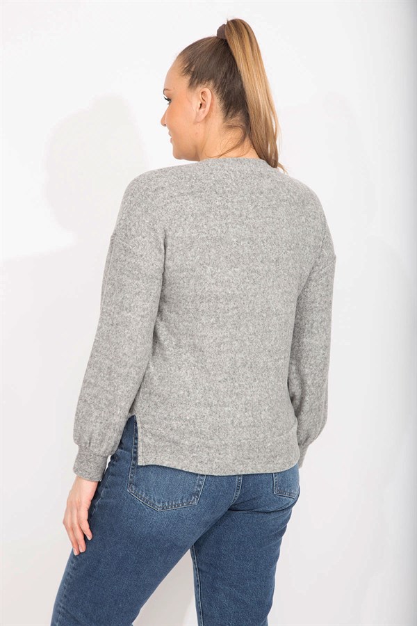 Kadın Gri İnci Ve Baskı Detaylı Yumoş Kumaş Bluz 65N35497