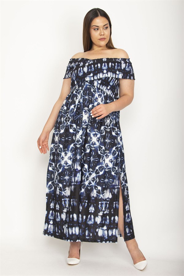 Kadın Fuşya Yakası Geniş Gipe Lastikli Yan Yırtmaçlı Uzun Elbise 65N26897