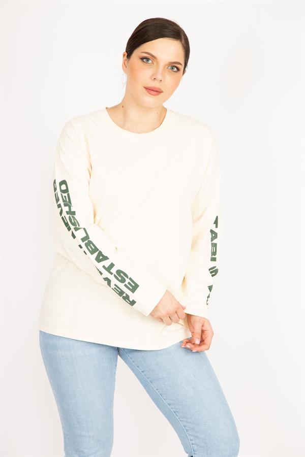 Kadın Bej Büyük Beden Kol Baskılı Sweatshirt