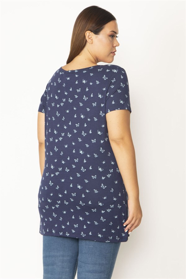 Kadın Lacivert Ön Pat Düğmeli V Yakalı Kelebek Desenli Bluz 65N27850