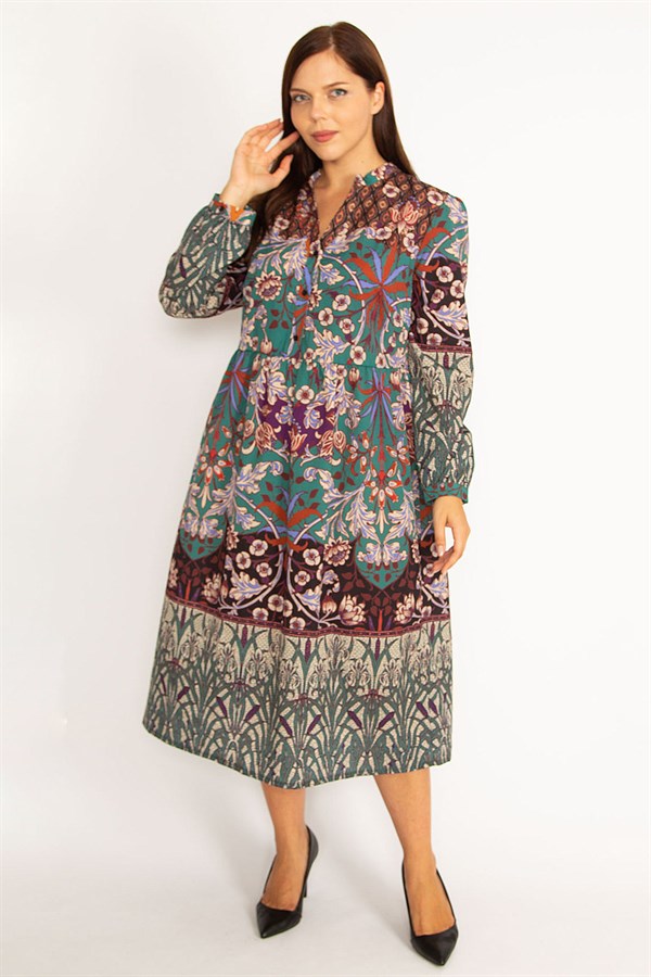 Kadın Renkli Ön Pat Düğmeli Belden Büzgülü Elbise 65N34612