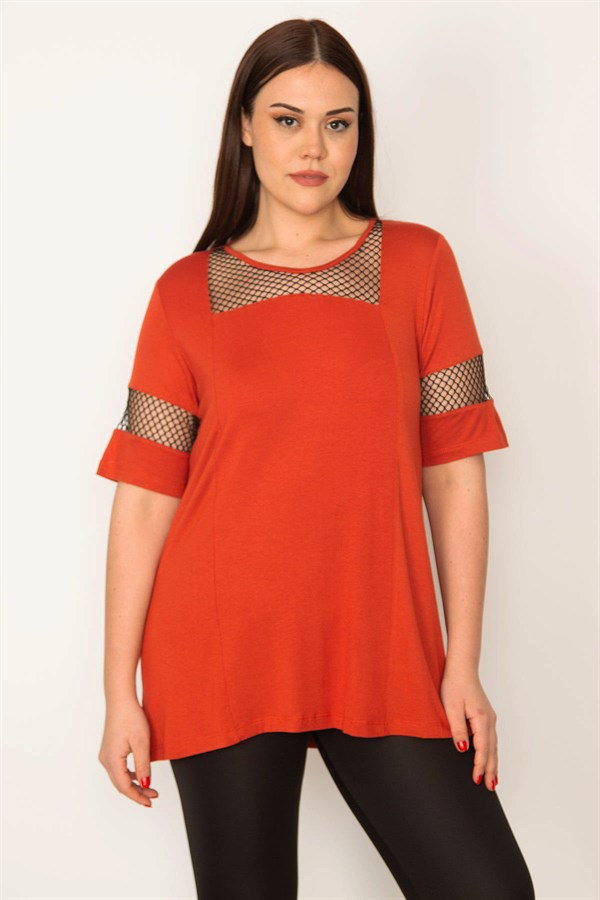KADIN ORANJ FİLE DETAYLI VİSKON BLUZ