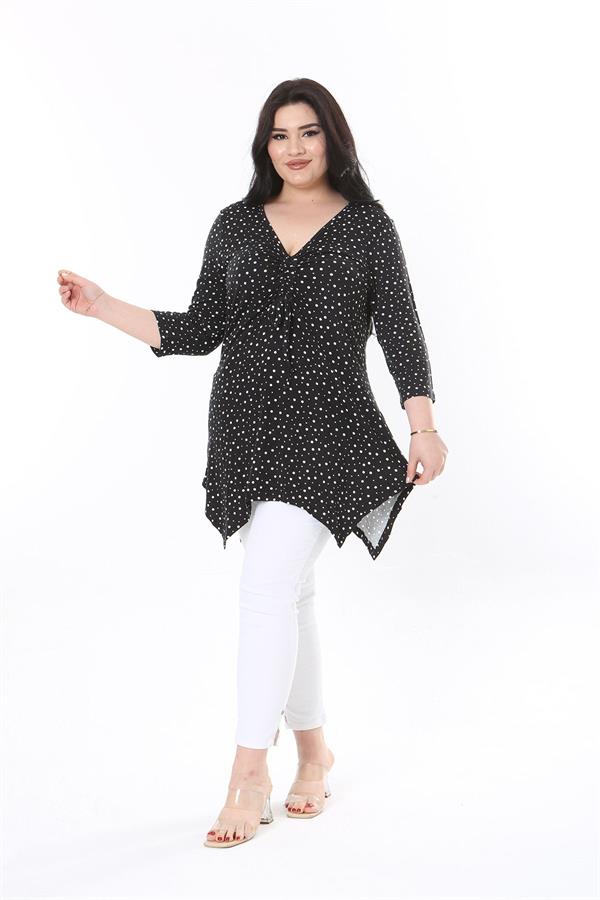 Kadın Büyük Beden Siyah Göğüs Büzmeli Puan Desenli Kapri Kollu Bluz 65N37949