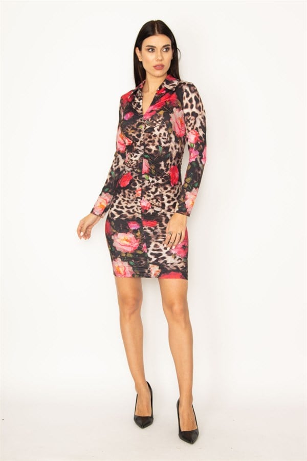 KADIN RENKLİ V YAKALI ÖN ORTA VE YAKASI BÜZGÜ DETAYLI UZUN KOLLU RENKLİ ELBİSE