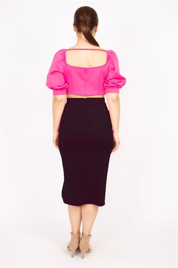 Kadın Fujya Büyük Beden Yaka Ve Kolu Lastik Detaylı Scuba Kumaç Crop