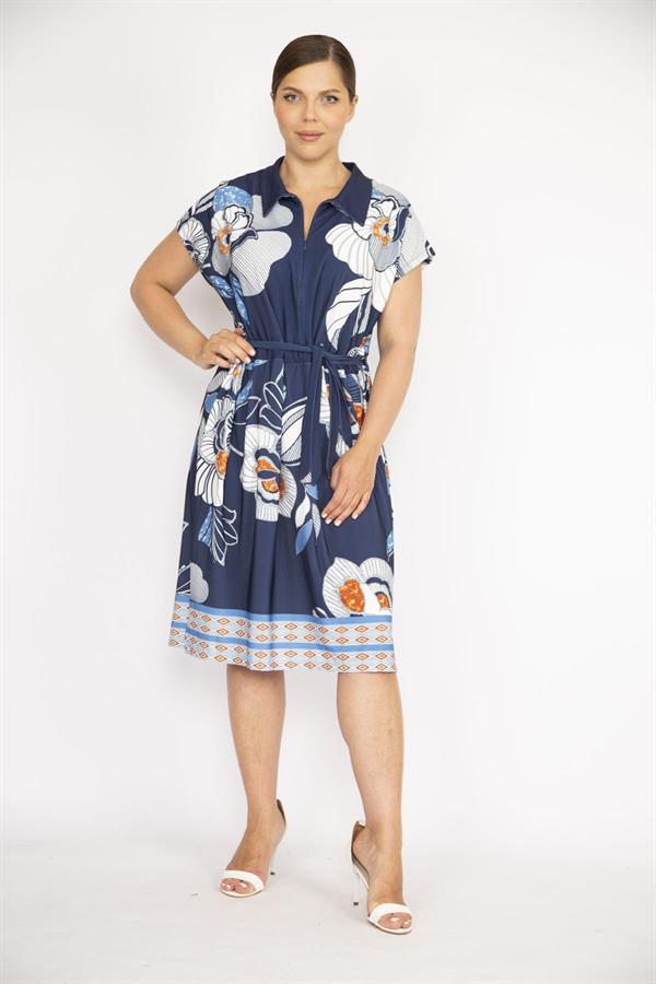 Kadın Lacivert Büyük Beden Yakalı Ön Pat Fermuarlı Beli Kuşaklı Elbise