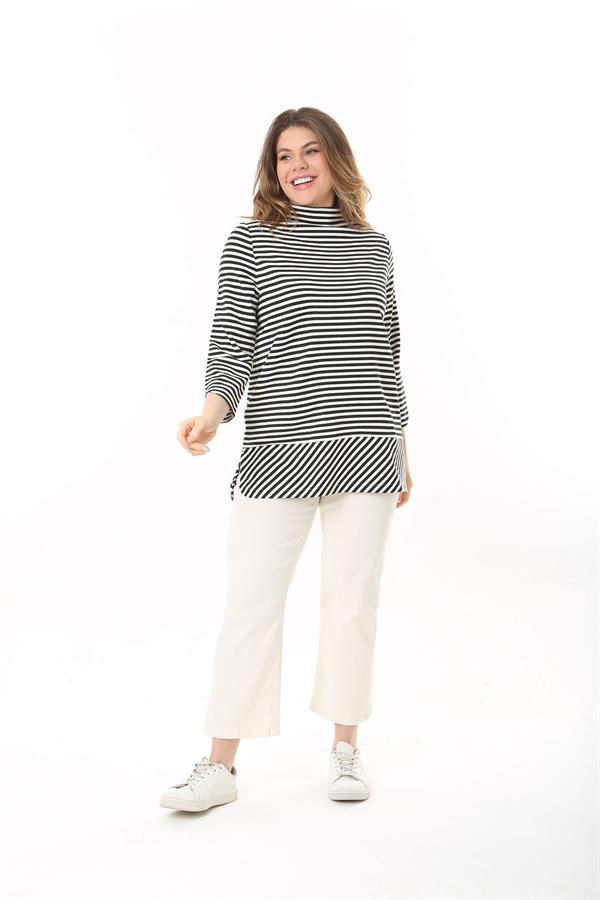 Kadın Büyük Beden Siyah Dik Yakalı Yan Yırtmaçlı Sim Çizgili Tunik 65N37523