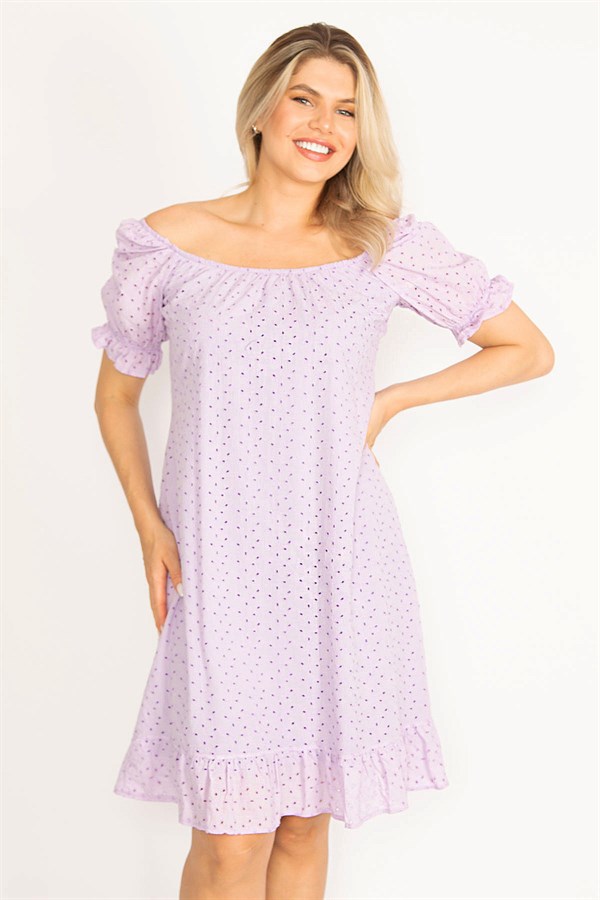 Delikiş Nakışlı Dokuma Viskon Kumaş Astarlı Yaka Ve Kol Ağzı Lastikli Etek Ucu Katlı Elbise