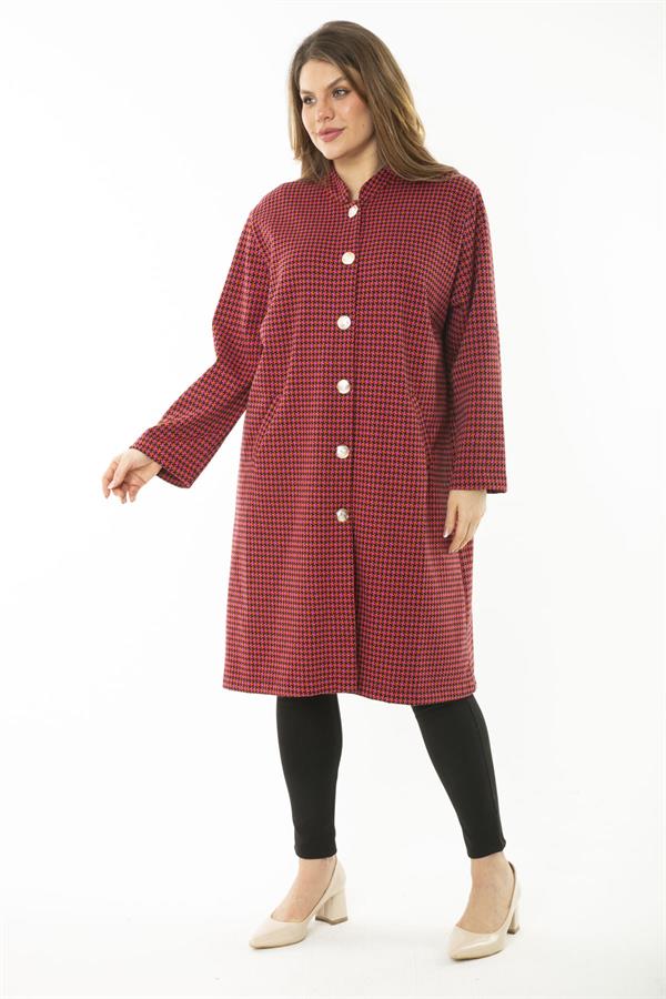 Women's Plus Size Red Piyedepul Pattern Metal Button Unlined Cape 65N37109