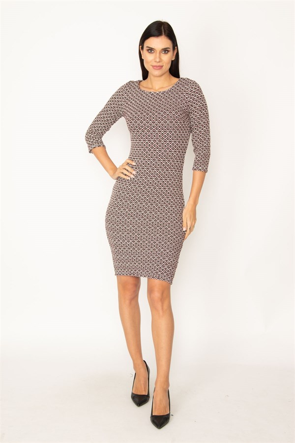 ROBE À MANCHES CABAS EN TISSU LYCRA JACQUARD MARRON POUR FEMME