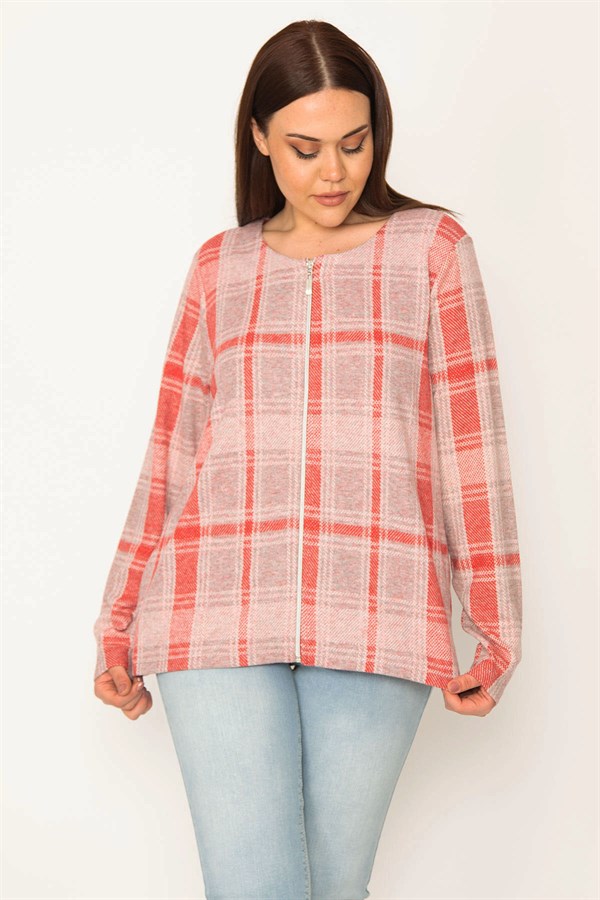 KADIN KIRMIZI ÖN FERMUARLI EKOSE DESEN ASTARSIZ CEKET