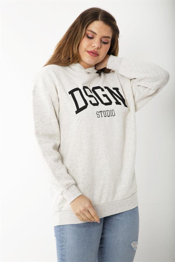 Kadın Büyük Beden Gri İçi Şardonlu Nakış Ve Kapşon Detaylı Sweatshirt 65N37208