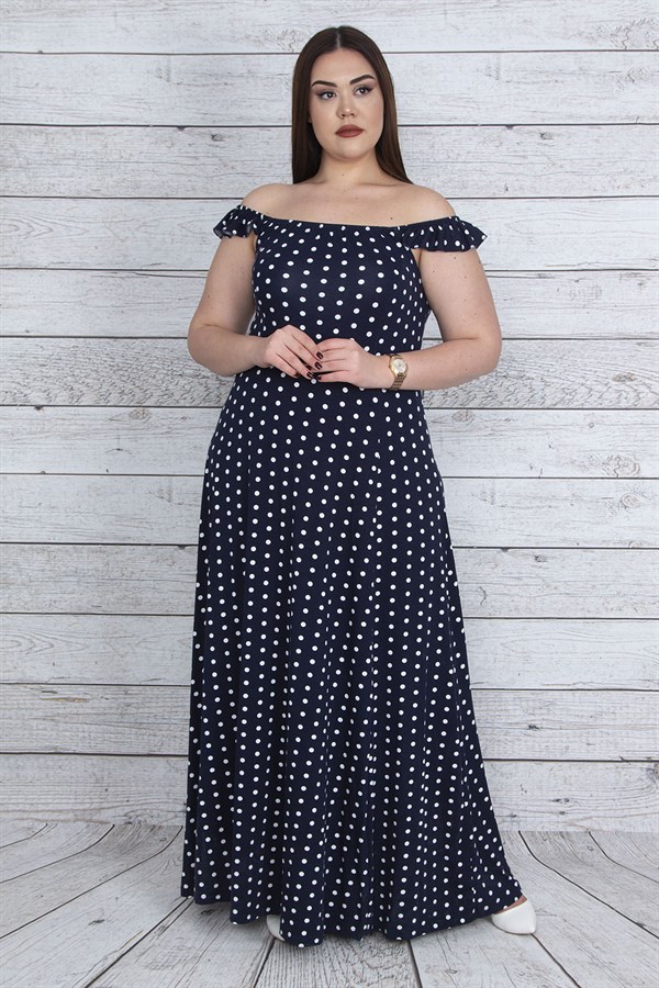 KADIN LACİVERT YAKA VE ASKILARI LASTİK DETAYLI PUAN DESENLİ YIRTMAÇLI UZUN ELBİSE