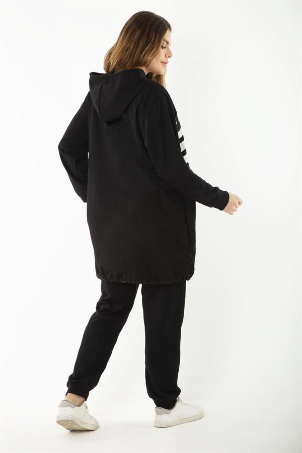 Kadın Büyük Beden Gri Baskı Ve Fermuar Detaylı Kapşonlu Sweatshirt Pantolon Takım 65N37128