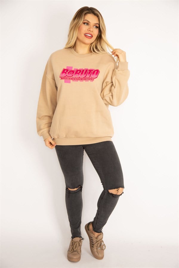Kadın Camel İçi Şardonlu 3 İplik Kumaş Sırtı Dijital Baskılı Sweatshirt 65N35082