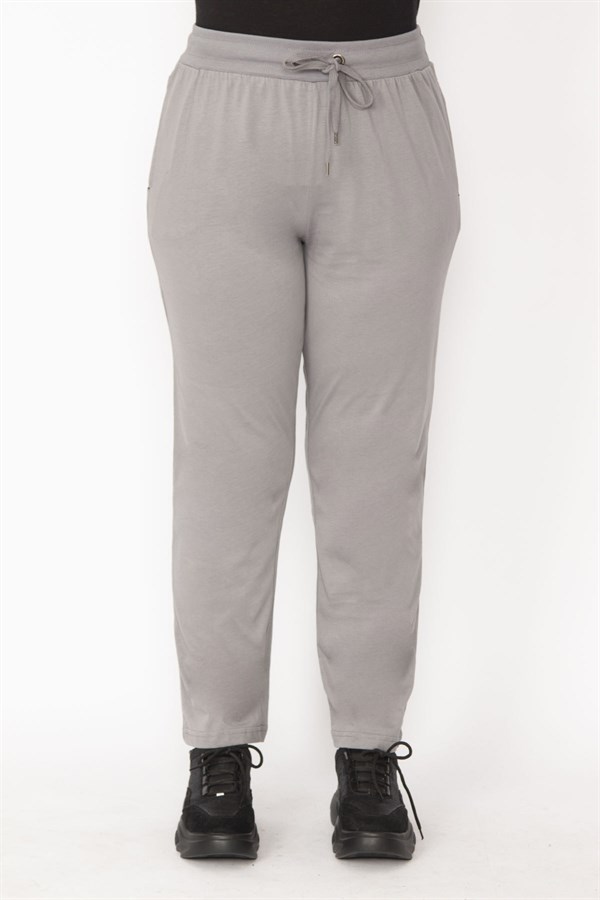Kadın Gri Beli Lastik Ve Kuşgözü Kaytan Detaylı Cepli Spor Pantolon 65N29152