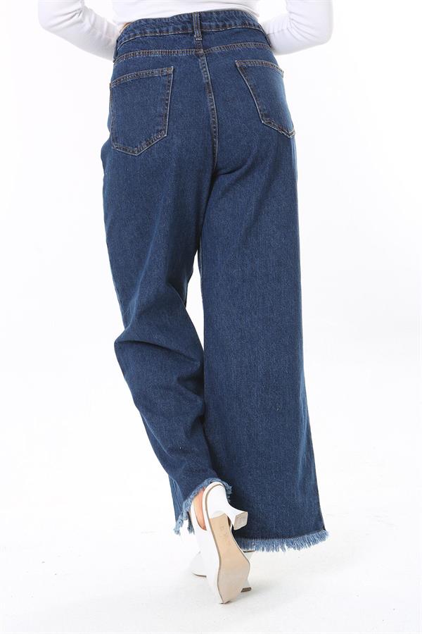 Kadın Büyük Beden Lacivert Yıkama Efektli Kup Ve Yırtmaç Detaylı Kot Pantolon 65N38077