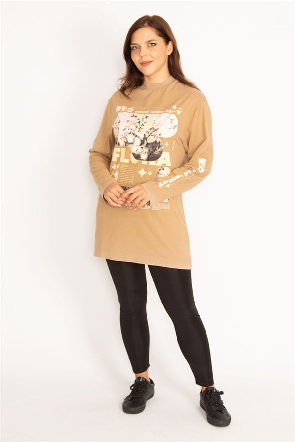 Kadın Camel Ön Baskılı Sweatshirt 65N34771