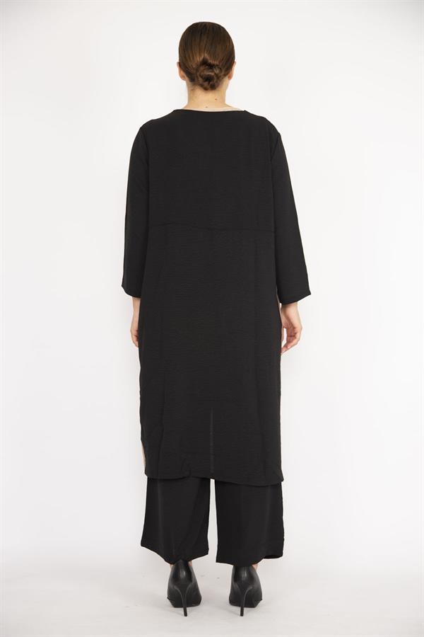 Kadın Büyük Beden İndigo Hırka İç Bluz Ve Pantolon Üçlü Takım