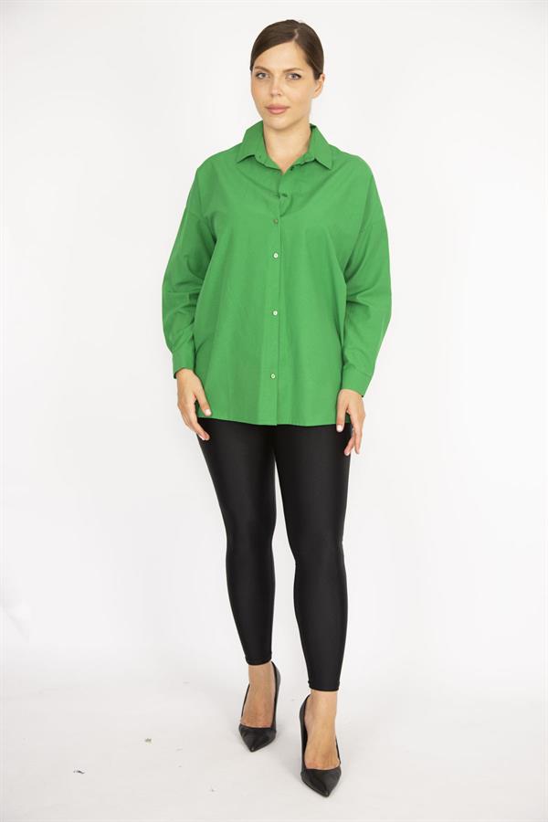 Kadın Büyük Beden Yeşil Ön Düğmeli Uzun Kollu Gömlek 65N37037